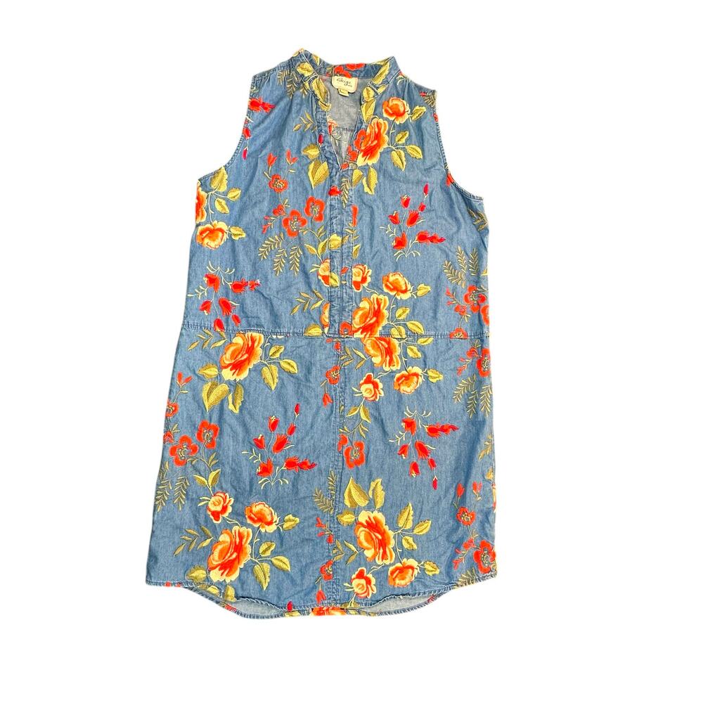 Beige by eci Dress Womens 10 Blue Denim with Red Floral Embroidery Summer Casual